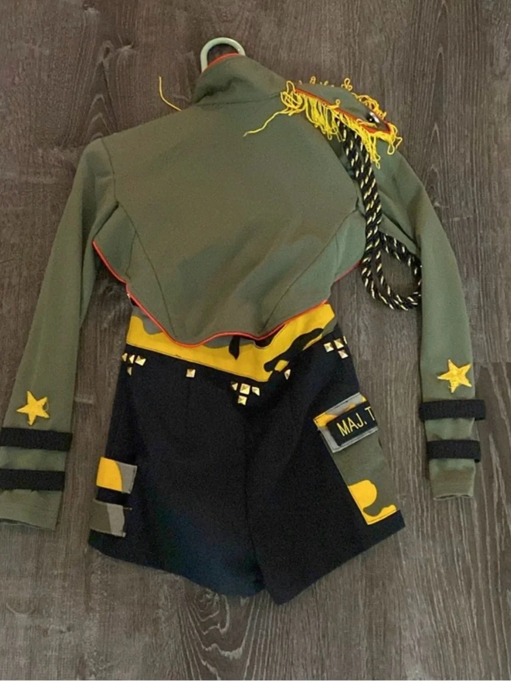 Kids Military-Inspired Dance Costume Set with Black Sequin Top and Olive Jacket